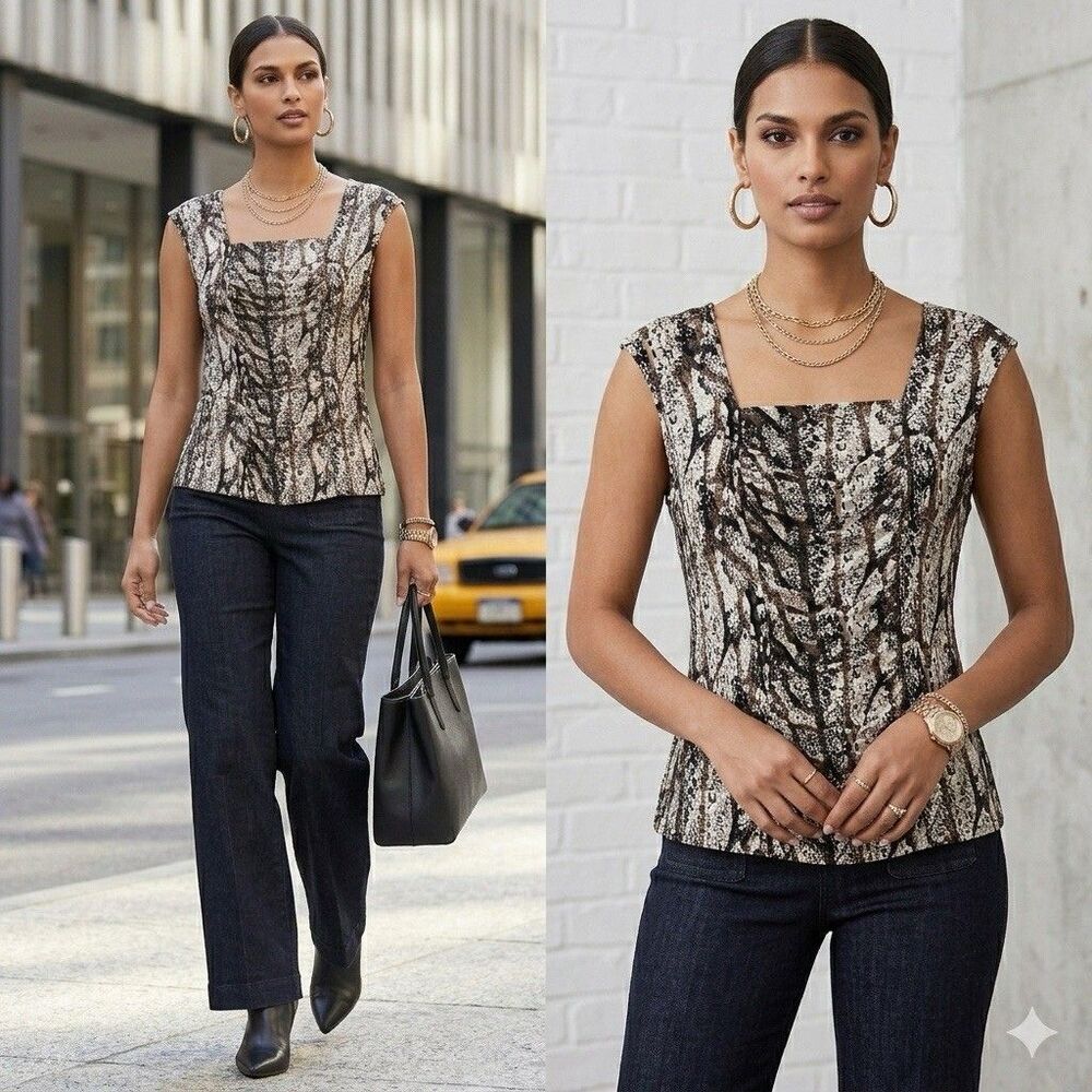 Style & Co Snakeskin Mesh Tank Top Ruched Front Animal Print Brown Small S